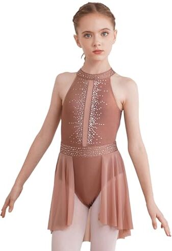 iEFiEL Vestito da Balletto Ragazza Abito da Ballo Lirico Contemporaneo Body Danza Classica Ginnastica Artistica Vestito Pattinaggio Artistico Jazz Danza Moderna Dancewear caffè K 5-6 Anni