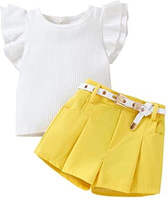 311 Copricostume Ragazza 14 Anni Summer Toddler Girls Ruffles Fly Sleeve Solid Top a costine T Shirt Shorts Abiti da cintura Completo Estivo (Yellow, 3-4 Years)