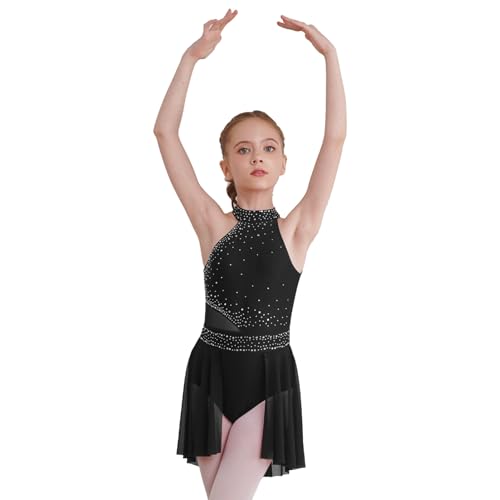 iEFiEL Vestito da Balletto Ragazza Abito da Ballo Lirico Contemporaneo Body Danza Classica Ginnastica Artistica Vestito Pattinaggio Artistico Jazz Danza Moderna Dancewear Nero J 9-10 Anni