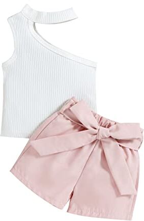 311 Ragazzo 16 Anni Completa Summer Toddler Girls Sleeveless costola a coste off Spalla Tops e pantaloncini Belt outfit Vestiti Bambina 1 Anno (Pink, 4-5 Years)