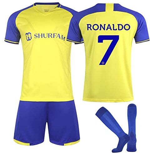 AZISEN Al NASSR FC Maglia Bambino, 2023 2024 Set da Maglie Allenamento Calcio Maglie Ragazzi da Calcio per Tifosi Sports T-Shirt Pantaloncini e Calzini di Calcio Bambino Al NASSR FC Maglietta (No.7,L)