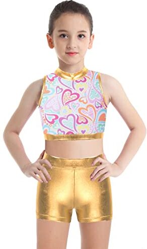 Freebily Tuta Ginnastica Artistica Bambina Paillettes Crop Top Danza Moderna Jazz Hip Hop Metallico Pantaloncini Paletra Glitter Suit Danza Classica da Balletto Dancewear Giallo 13-14 anni