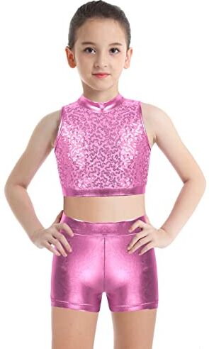 Freebily Tuta Ginnastica Artistica Bambina Paillettes Crop Top Danza Moderna Jazz Hip Hop Metallico Pantaloncini Paletra Glitter Suit Danza Classica da Balletto Dancewear Rosa 9-10 anni