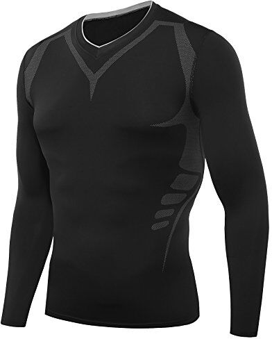 AMZSPORT Maglia a Compressione a Maniche Lunghe da Uomo con Strato di Base per Allenamento in Corsa, Nero-Ver.1.0, S