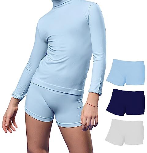 FOCENZA Pantaloncini Sportivi Bambina in Morbida Microfibra, Elasticizzati e Confortevoli per Ginnastica, Danza e Sport, Multipack da 3 Pezzi in Vari Colori, Made in Italy (Bianco-Azzurro-Blu)