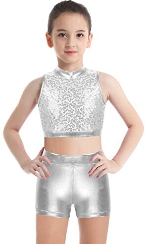 Freebily Tuta Ginnastica Artistica Bambina Paillettes Crop Top Danza Moderna Jazz Hip Hop Metallico Pantaloncini Paletra Glitter Suit Danza Classica da Balletto Dancewear Argento 7-8 anni