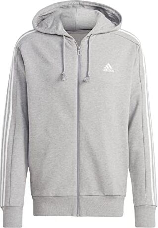 Adidas Essentials French Terry 3-stripes Full-zip Hoodie Felpa con cappuccio, Medium Grey Heather/White, XXS Corto Uomo