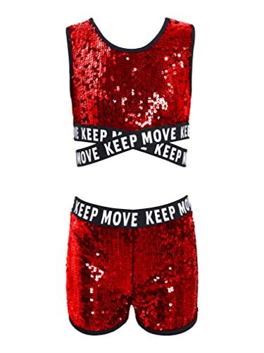 Freebily Tuta Ginnastica Artistica Bambina Paillettes Crop Top Danza Moderna Jazz Hip Hop Metallico Pantaloncini Paletra Glitter Suit Danza Classica da Balletto Dancewear Rosso B 11-12 anni