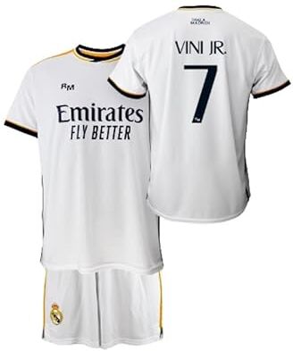 Real Madrid Set Bambino T-shirt e Pantaloni Prima Equipaggiamento Stagione 2023-2024 Vini JR. 7 Replica ufficiale con licenza ufficiale Bambino, bianco, 10 Anni