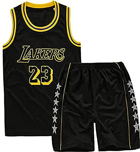 MEEHYRE Completo da basket da 2 pezzi con pantaloncini e canottiera, in jersey, per bambini, Nero , 7-8 Anni