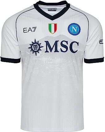 SSC NAPOLI Maglia Replica Away, EA7, Prodotto Ufficiale, Scudetto Tricolore, Grafica Vesuvio, Bianca, Regular Fit, S