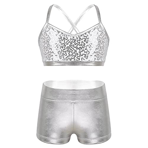 Freebily Tuta Ginnastica Artistica Bambina Paillettes Crop Top Danza Moderna Jazz Hip Hop Metallico Pantaloncini Paletra Glitter Suit Danza Classica da Balletto Dancewear Argento C 12-14 anni