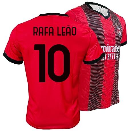 ZeroPlayer Maglia Replica Ufficiale Milan di Rafael LEAO 10, Modello Home Stagione 2023/2024, Rosso, Nero, Adulto, Ragazzo, Bambino, 100% Poliestere, Taglia Small