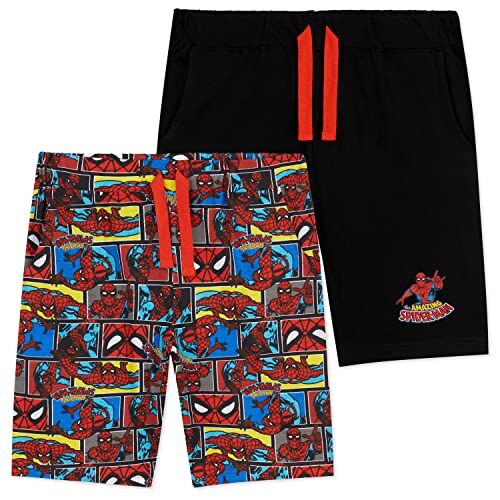Marvel Spiderman Pantaloncini Bambino, 2-Pack Bermuda Ragazzo in Cotone, Jersey Shorts 2-14 Anni, Abbigliamento da Calcio, Basket, Tennis (Rosso/Nero, 9-10 Anni)