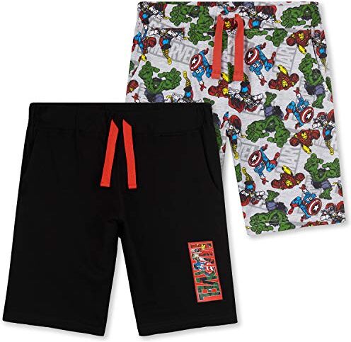 Marvel Pantaloncini Bambino, Bermuda Ragazzo Estivi di Cotone Corti, Set da 2 Shorts con I Personaggi Avengers di Captain America, Hulk e Iron Man (9-10 Anni, Nero)