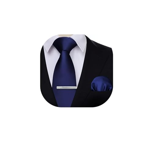 HISDERN Cravatte da Uomo Blu Navy Elegante Classico Matrimonio Raso Cravatta e Fazzoletto da Taschino Fermacravatta