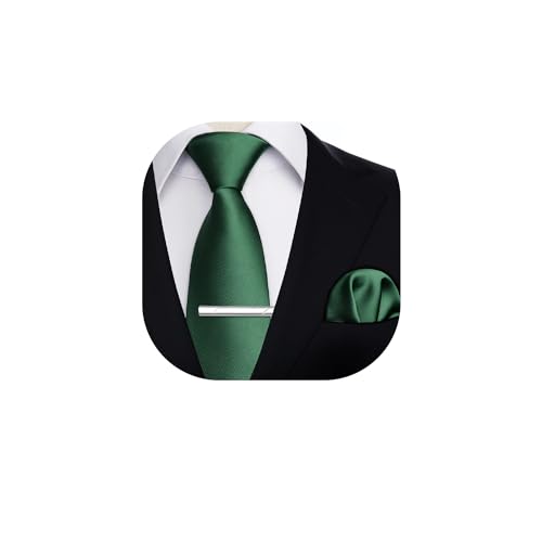 HISDERN Cravatta Verde Uomo e Fazzoletto Tinta unita Elegante Classico Matrimonio Raso Cravatte e Fazzoletto da Taschino Fermacravatta