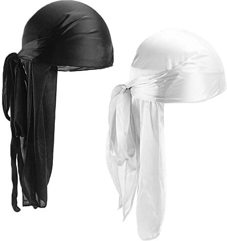 Mikihat 2 Pz Silky Durag Berretto Beanie Bandana Ciclismo Cappuccio Elastico con Code Lunghe e Cinghie Larghe, Cappello Durag Pirate Hat per Donne e Uomini (Nero+Bianco)