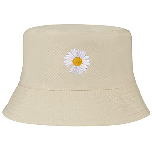 UMIPUBO Cappello Pescatore Pieghevole Bucket Hat Cotone Donna Uomo, Protezione del Sole Cappelli Faccia Sorridente Cappellino 56-58cm (Daisy Beige (Nero))