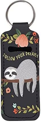 chaqlin Portachiavi da donna e ragazza, con scritta "Follow Your Dream Sloth", in pelle PU, con maniche a forma di cappellino, balsamo per labbra, clip in neoprene