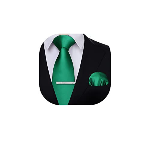 HISDERN Cravatte da Uomo Verde Smeraldo Elegante Classico Matrimonio Raso Tinta Unita Cravatta e Fazzoletto da Taschino Fermacravatta
