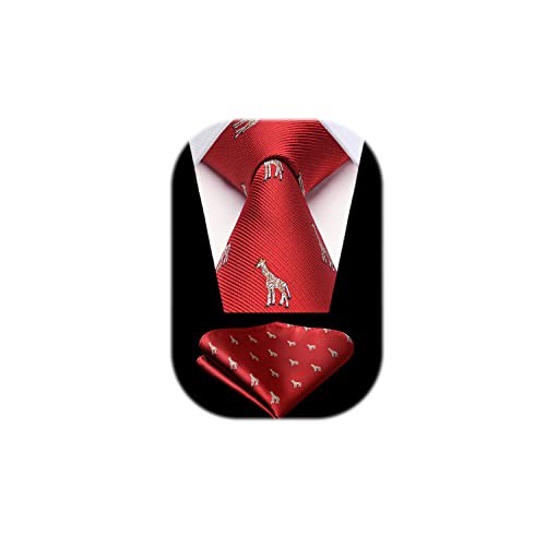 HISDERN Cravatta Rosso Uomo Fazzoletto Cravatte Fantasia Giraffa da Matrimonio Set Cravatta e Pochette Elegante