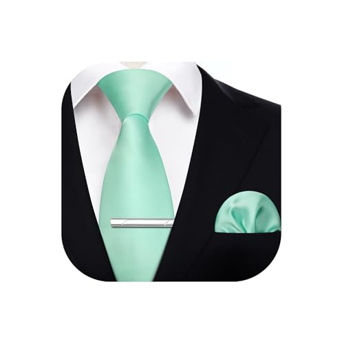 HISDERN Cravatta Uomo Verde Menta e Fazzoletto Tinta unita Elegante Classico Matrimonio Raso Cravatte e Fazzoletto da Taschino Fermacravatta