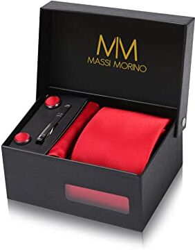 Massi Morino ― Cravatta elegante con confezione regalo, fazzoletto da taschino, gemelli e fermacravatta ― Cucita a mano in microfibra