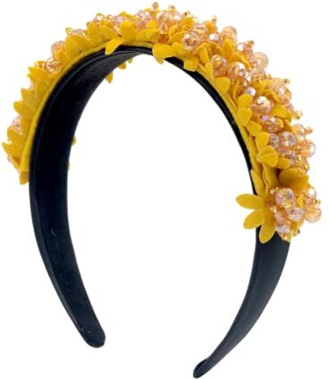 Antique Cerchietto per capelli in pizzo fatto a mano con fiore di cristallo e spugna larga per capelli (giallo)