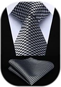 HISDERN Cravatte uomo Bianco e nero da matrimonio e Fazzoletto Cravatte fantasia plaid elegante classica business cravatta set