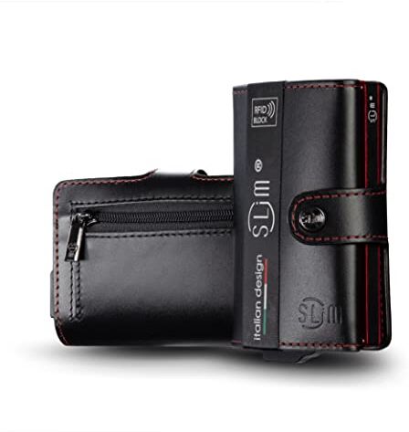 SLim Porta Carte di Credito Schermato Portafoglio Uomo Rfid Portatessere Anticlonazione Donna Portacarte Uomo (Nero Cuciture Rosse, Con Zip)