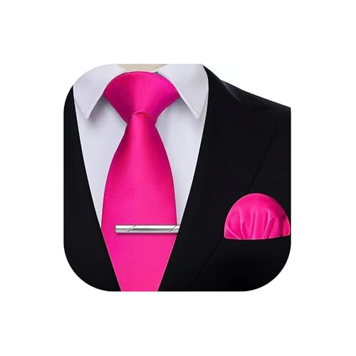 HISDERN Cravatte da Uomo Fucsia Elegante Classico Matrimonio Raso Tinta Unita Cravatta e Fazzoletto da Taschino Fermacravatta