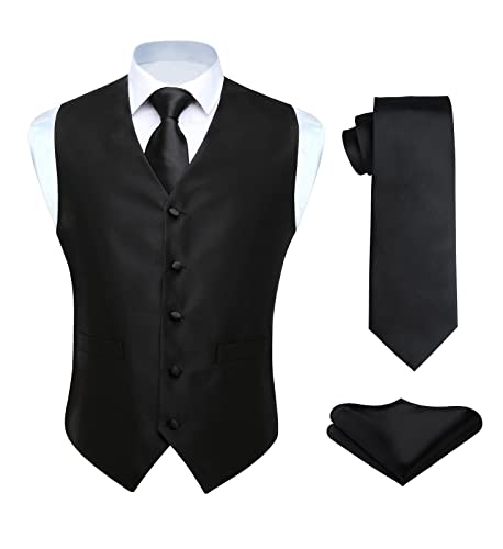 HISDERN Gilet da Uomo Nero Elegante Tinta Unita Gilets e Cravatta e Fazzoletto da Taschino Set Classico Panciotto Uomo Vestito XS