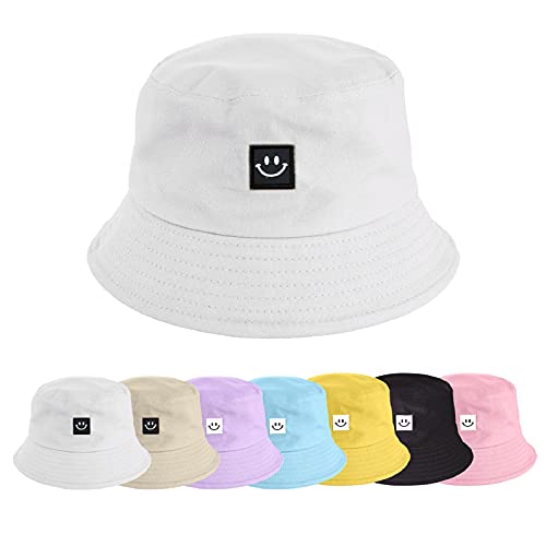 UMIPUBO Cappello Pescatore Pieghevole Bucket Hat Cotone Donna Uomo, Protezione del Sole Cappelli Faccia Sorridente Cappellino 56-58cm (Smile Bianco)