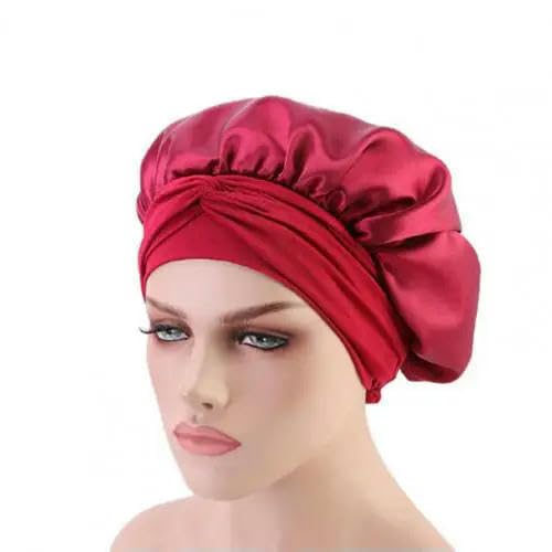 YJHLY Cuffia Seta 1Pc Cap Da Doccia Da Donna Bordi Larghi Cappello Sleepirsi Cappello Elastico Elastico In Pizzo Avvolgimento Nightcap Capelli Capelli Capelli Bonnet Satin-Vino Rosso