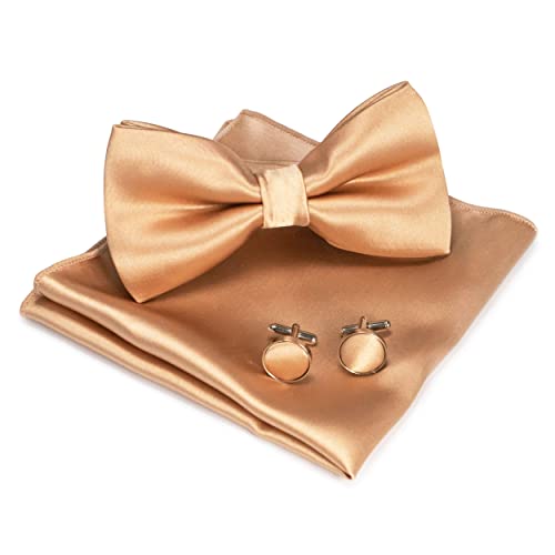 JEMYGINS Papillon da uomo Champagne Gold4 Papillon in raso e fazzoletto da taschino con gemelli