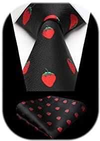 HISDERN Cravatta Nero Uomo Fazzoletto Cravatte Fantasia Fragola da Matrimonio Set Cravatta e Pochette Elegante