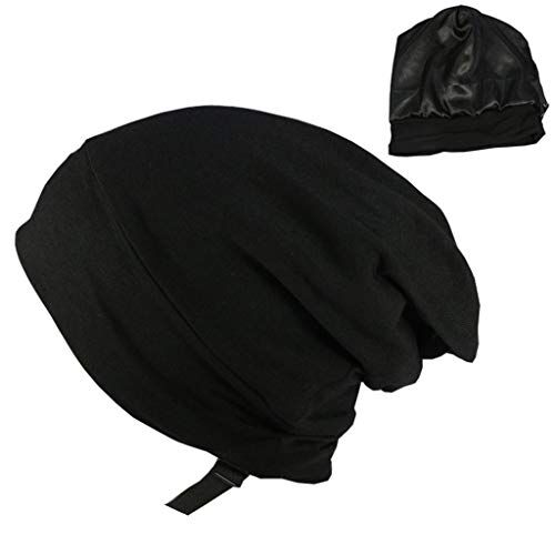 LUOFANG Berretto da Notte Foderato in Raso Copricapo Copricapo Regolabile Elastico Setoso Slouchy Berretto Tinta Unita Cappello da Notte per Dormire Berretto con Teschio Scuro