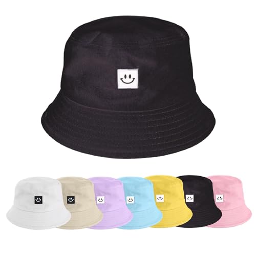 UMIPUBO Cappello Pescatore Pieghevole Bucket Hat Cotone Donna Uomo, Protezione del Sole Cappelli Faccia Sorridente Cappellino 56-58cm (Smile Black)