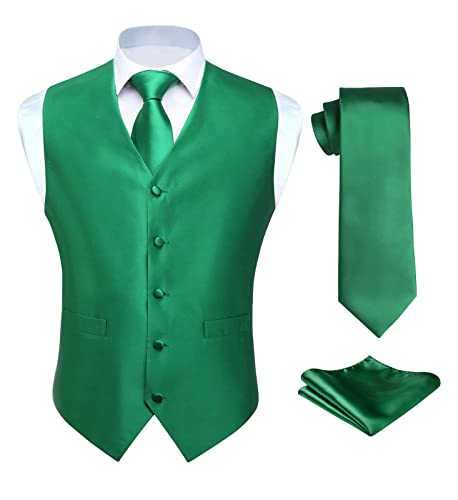 HISDERN Gilet da Uomo Elegante Verde Tinta Unita Gilets e Cravatta e Fazzoletto da Taschino Set Classico Panciotto Uomo Vestito M