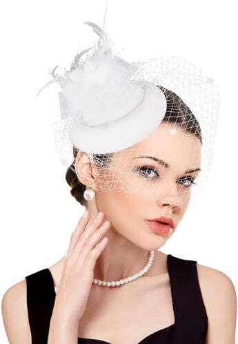 dressfan Donna Fascinator Cerimonia Fascinator Cappello Mesh Piuma Fiore 20s 50s Vintage Fascia Fermaglio per Pillbox Hat Capelli Veletta per Matrimonio/Cocktail/Gatsby/Cerimonia/Tea Party,Bianco