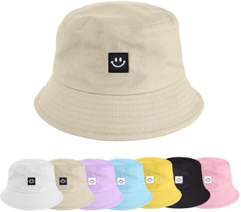 UMIPUBO Cappello Pescatore Pieghevole Bucket Hat Cotone Donna Uomo, Protezione del Sole Cappelli Faccia Sorridente Cappellino 56-58cm (Smile Beige)