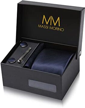 Massi Morino Cravatta Blu scuro e fazzoletto da uomo con camicia gemelli, parure fermacravatta set I Accessori sposa I Cravatte Elegante Confezione Regalo