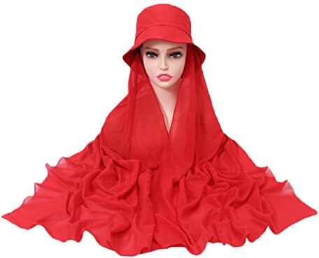 Generic Cappello da pescatore in tinta unita casual da donna sciarpa lunga in chiffon di perle, sciarpa musulmana per capelli da donna (8-rosso, taglia unica)