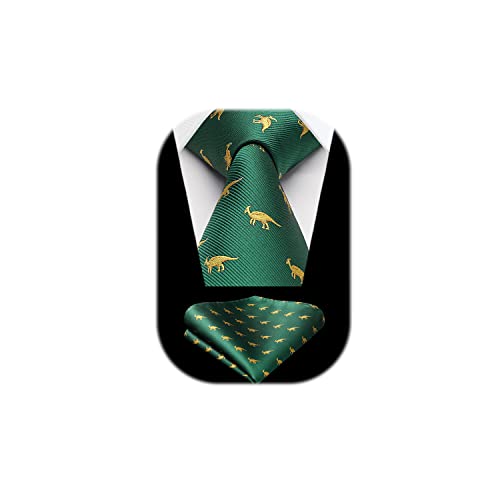 HISDERN Cravatta Verde Uomo Fazzoletto Cravatte Fantasia Dinosauro da Matrimonio Set Cravatta e Pochette Elegante