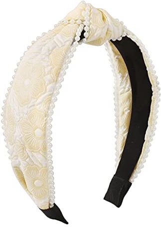 Antique Tessuto Mori Hairband finta perla fiori annodati semplice Hair Hoop per le donne ragazze (giallo)