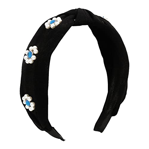 Antique Strass solido colore finta perla Hairband elegante tessuto ampio annodato Hair Hoop per le donne ragazze (nero)