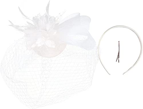 QUNINE Fascinator in rete Fermacapelli Cappello Bombetta Piuma Fiore Velo Cappello da festa nuziale Cappello da tè Clip Fiore blu Fascia da tè (Colore : Schwarz, Taglia : One Size) (White One Size)