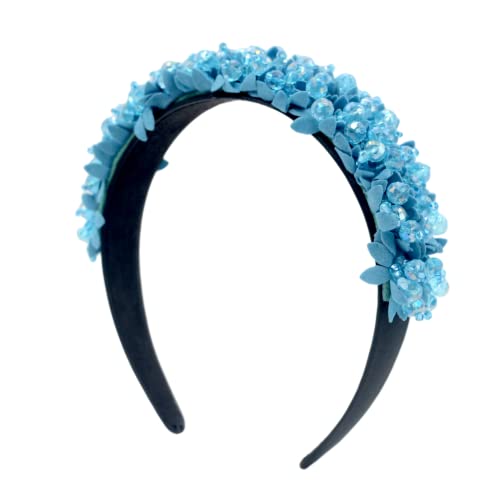 Antique Cerchietto per capelli in pizzo fatto a mano con fiore di cristallo e spugna larga per capelli (blu)