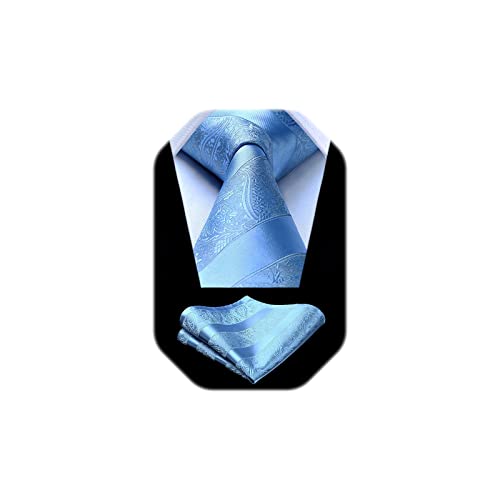 HISDERN Cravatta Blu Paisley Uomo Elegante Set Cravatta e Fazzoletto Azzurro Cravatte Seta con Pochette per Matrimonio Festa Lavoro